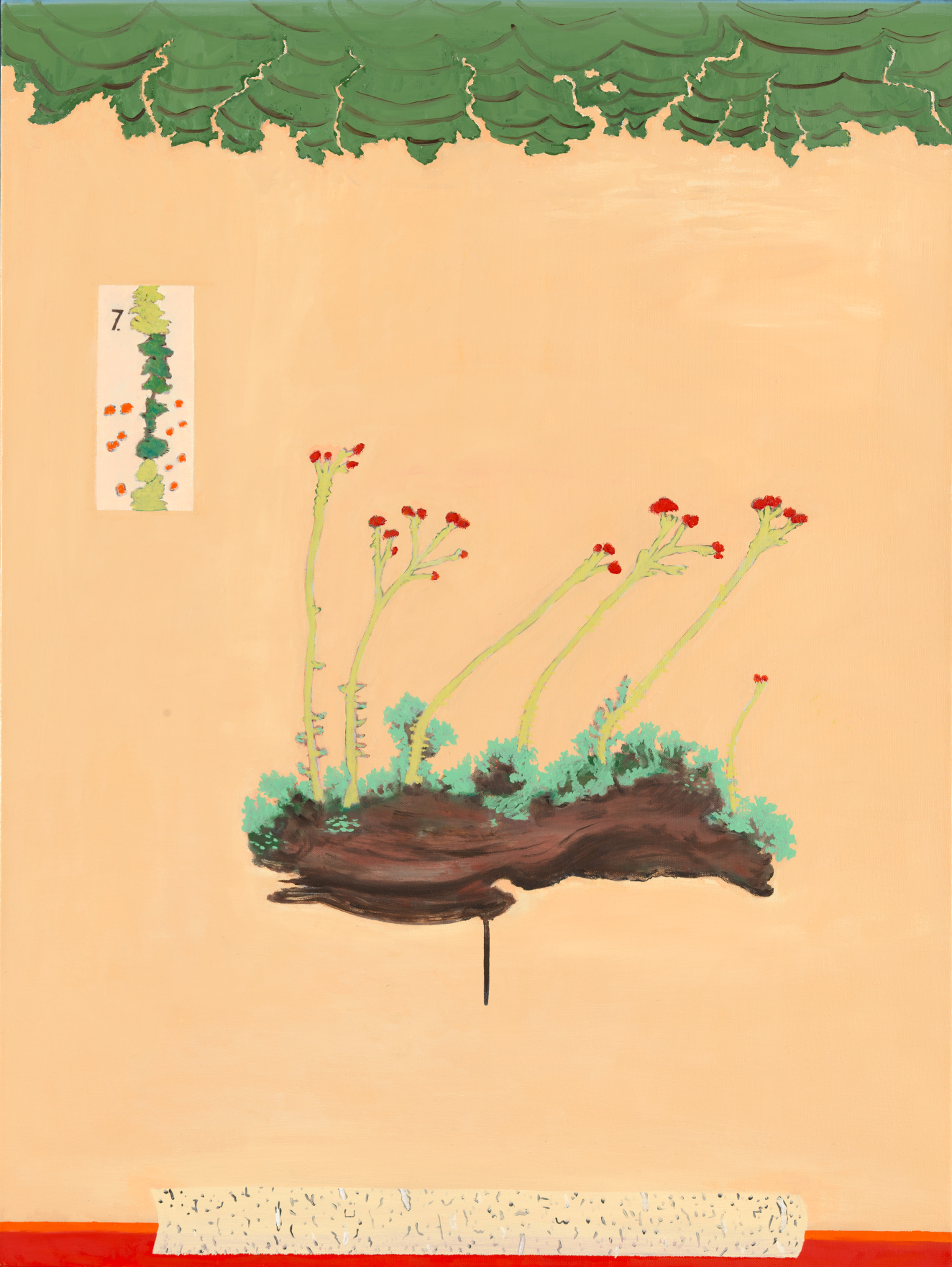 Print of a clump of earth, seen from the side. Stems with red buds extend from the dirt. The top of the beige paper is green and the bottom red. 