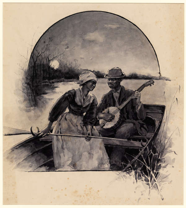 A drawing of a couple in a boat with the figure to the right playing a banjo as the left figure rows. Set against a moonlit background.