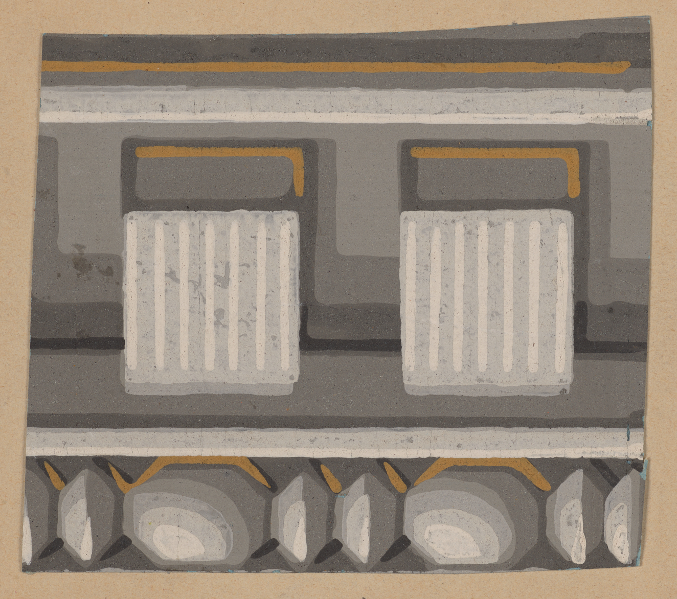 Gray decorative design depicting two rectangles with light vertical stripes above a row of shaded spheres and angular shapes between layers of gray stripes in varying shades with gold accents.