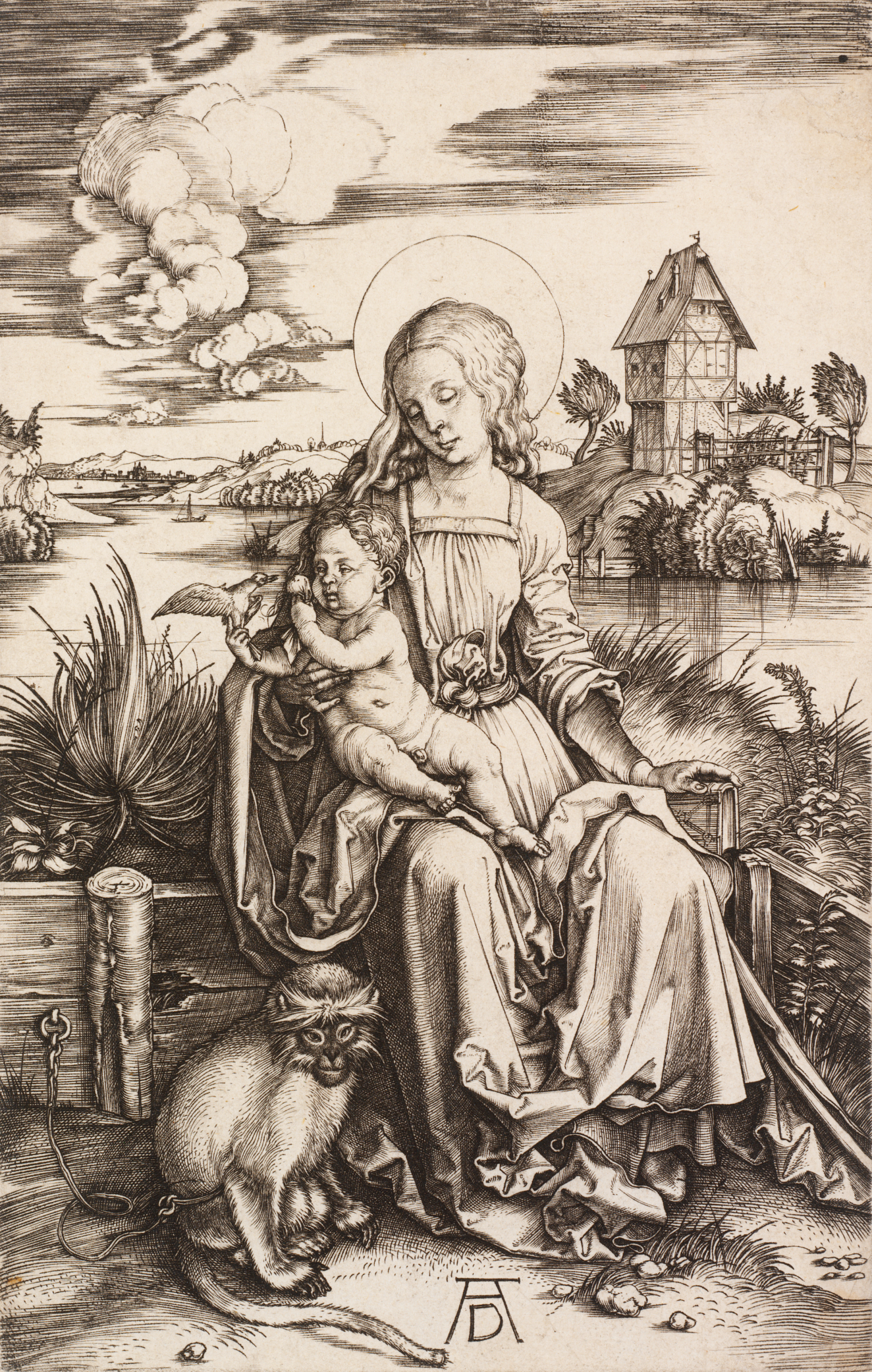 Intricate black-and-white etching of a seated woman in flowing dress holding a child on her lap, with a small monkey at her feet beside a lake and timbered house in the distance.
