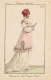 Aged illustration of a figure in a pink and white dress and red turban, holding a closed fan, with French captions.