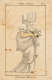 Aged illustration of a fashionably dressed woman in a white dress and large bonnet with French text.