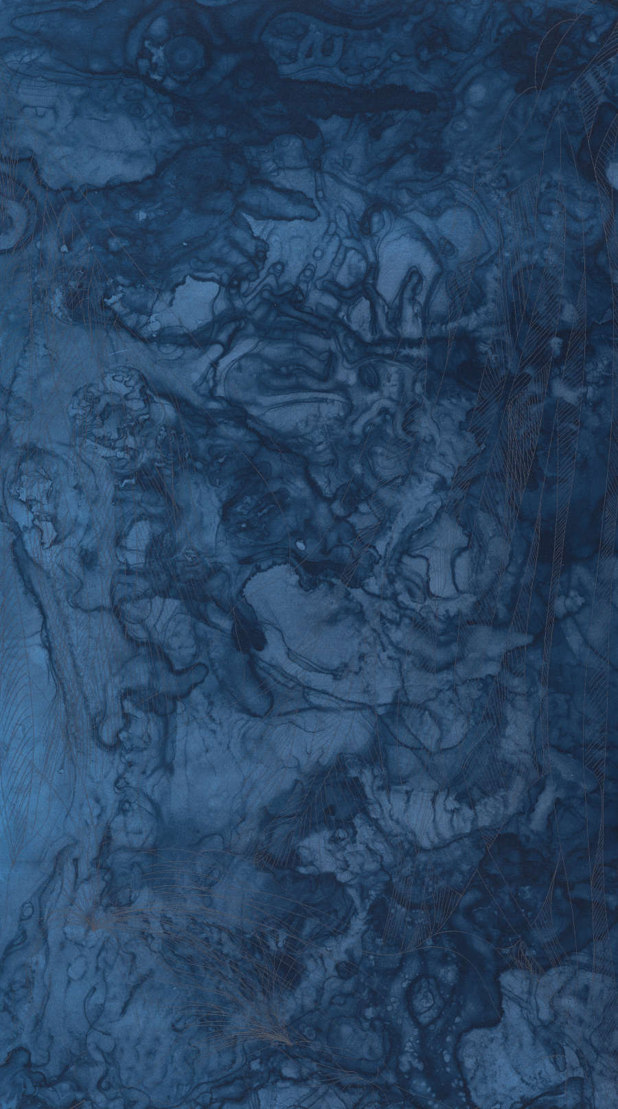 Dark, marble-like washes of ink fill the entirety of an indigo-dyed sheet of paper.