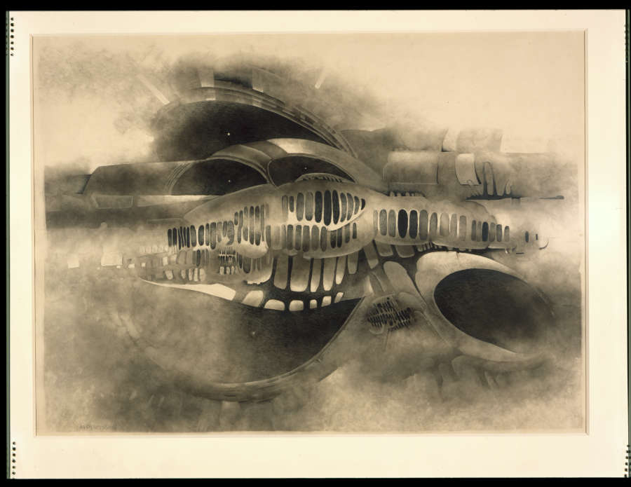 An abstract drawing that looks like an architectural edifice or complex machinery. The graphite and soot have been applied and scraped off in places, giving it a foggy appearance.