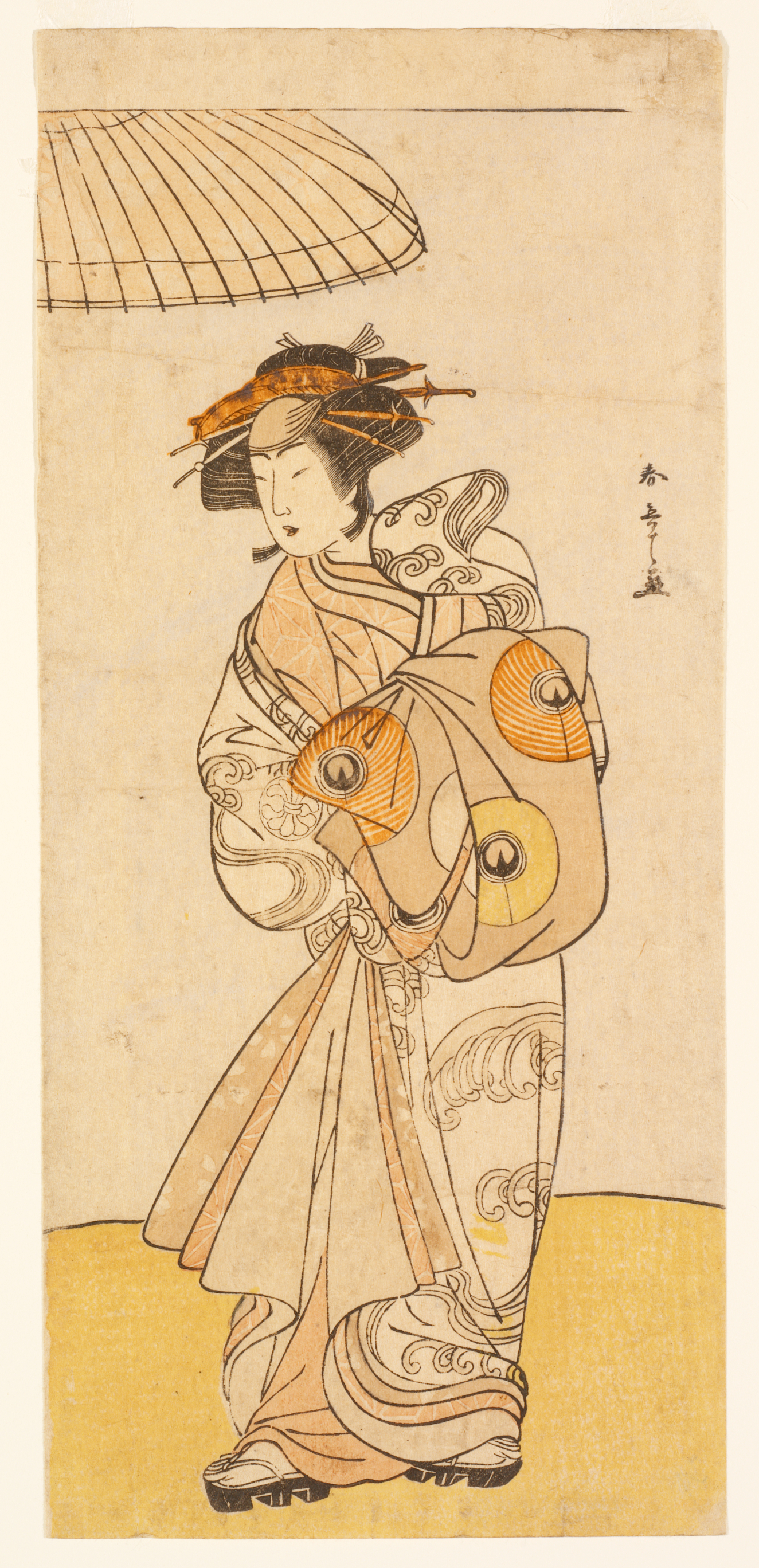 Japanese print of a woman, standing beneath a partially exposed umbrella, wearing a layered orange and white robe with platform shoes, and carrying a long, folded, patterned orange fabric.  