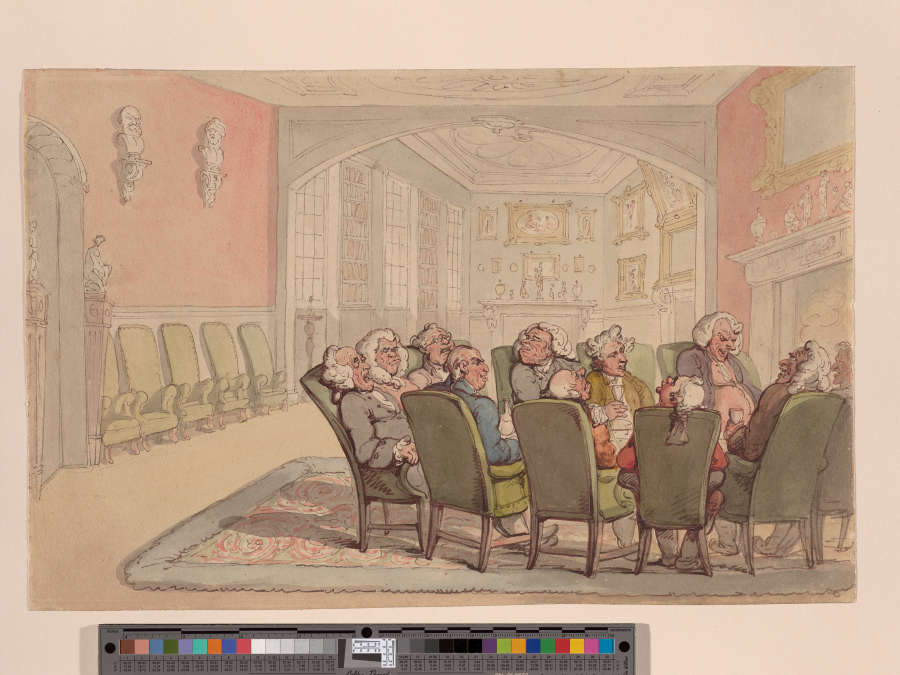 A pen and ink and watercolor drawing of boisterous, aristocratic Englishmen seated in high-backed chairs. The bewigged men talk, sleep, and look around the art and marble-bust filled room.