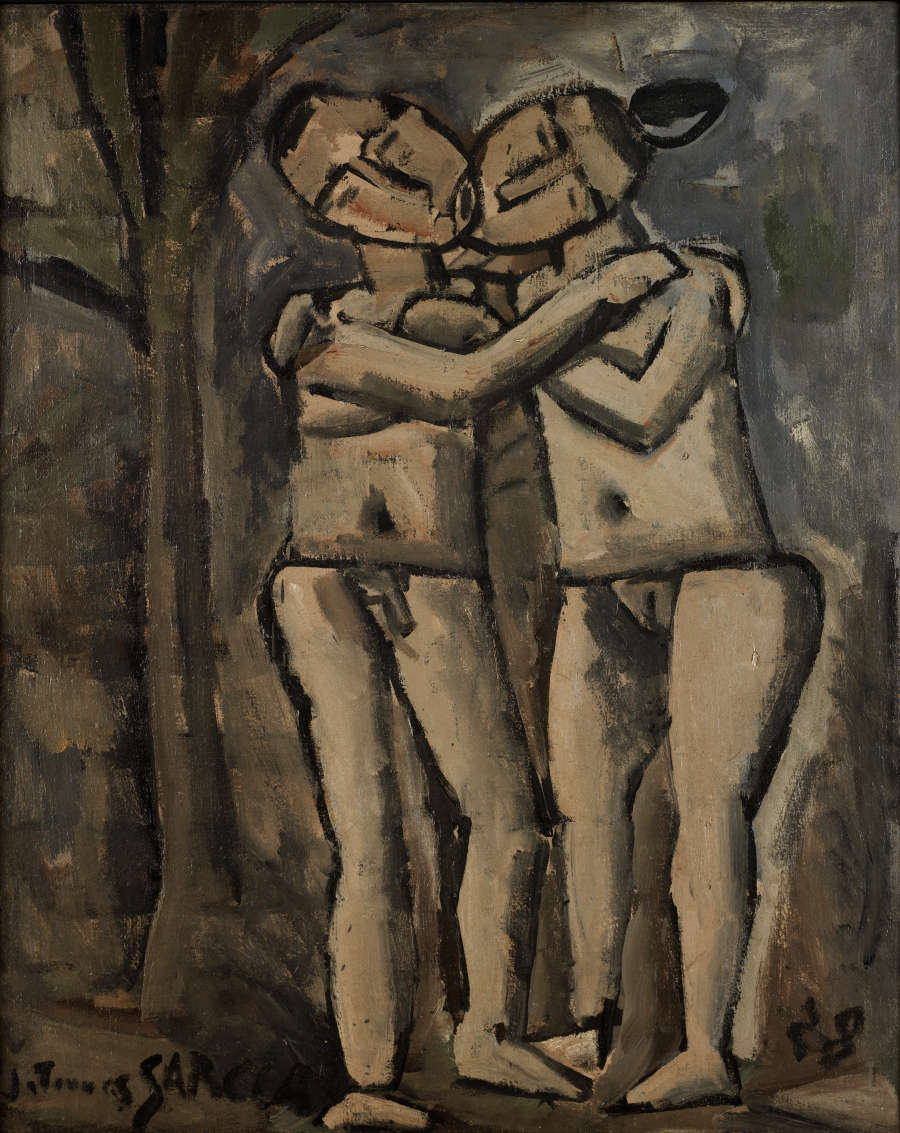 Painting of two nude blockish figures embracing and kissing against a gray-brown background with a single narrow tree.