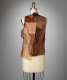 Back view of a brown sleeveless top constructed of layered sheer fabric draped loosely on a dress form.
