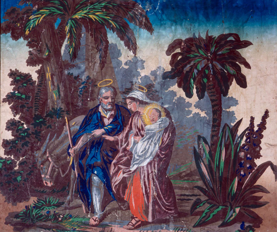 Scene portraying two haloed figures and a glowing baby in a palm grove, with a dramatic sunset sky and tropical flora around.