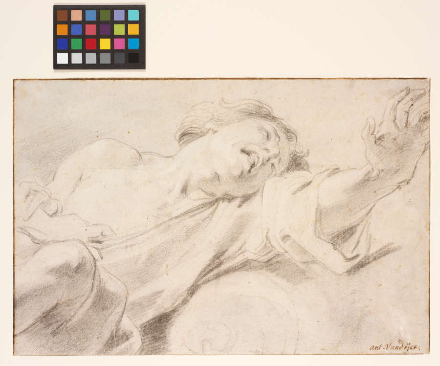 A black chalk study of Malchus and the apostle Peter. An anguished Malchus stretches rightward as he fights against Peter’s outreached hand, which appears from off sheet on the left.