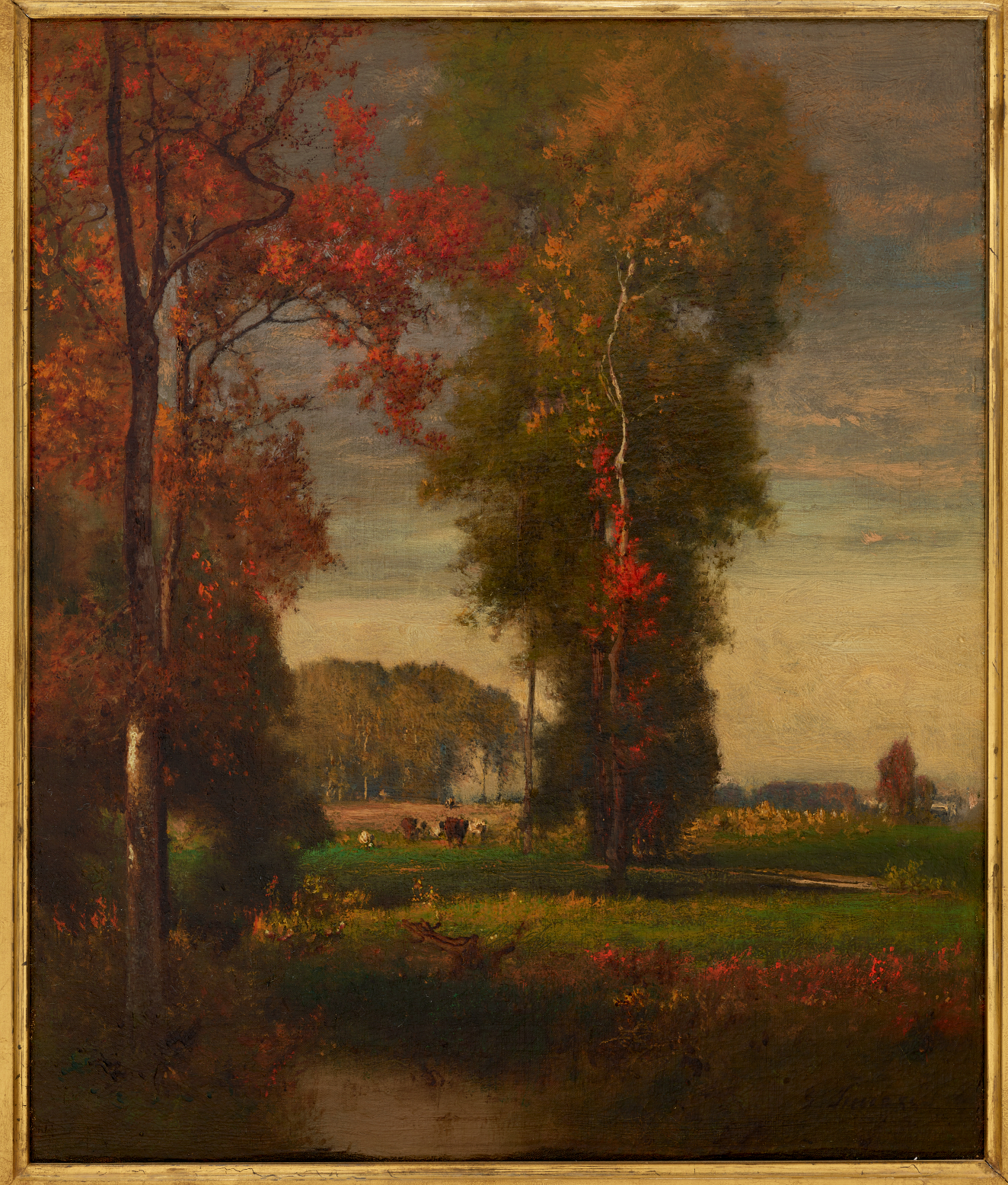 A vibrant autumnal landscape of a meadow framed by orange and red foliage trees while a stream flows in the foreground.