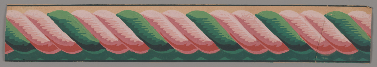 Border depicting pink and green twisted rope set against a beige background and dark green base.