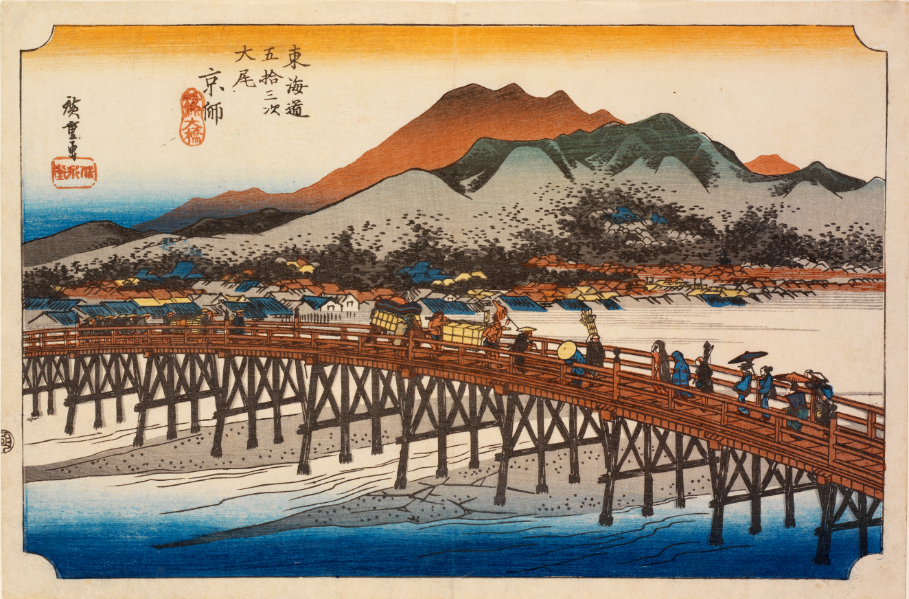 Travelers carrying goods navigate across a wooden bridge spanning a wide river, framed by a lively village and steep mountains under an orange and blue sky.