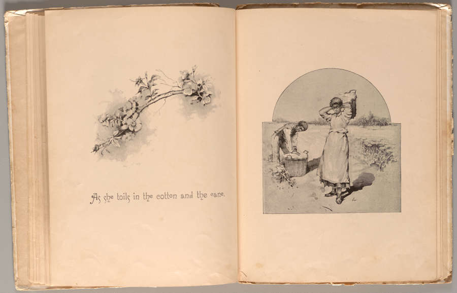 An aged open book with an illustration of a cotton branch above a poetic line on the left and two figures working in a field on the right.