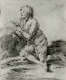 A black chalk drawing of a peasant man in full profile seated on the ground, leaning against a rock. With his arms folded, he gazes off to the left.