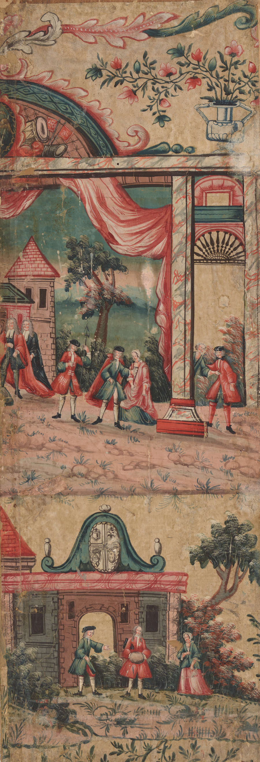 Segment of dated vintage wallpaper depicting scenes of nobility, with figures in elaborate period attire engaging in dialogue and leisure activities set in ornate architectural settings.