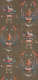Narrow panel of vintage wallpaper featuring a pattern of figures in pagodas wearing traditional orange robes. The design is accented with ornamental shapes and set against a brown-gray background.