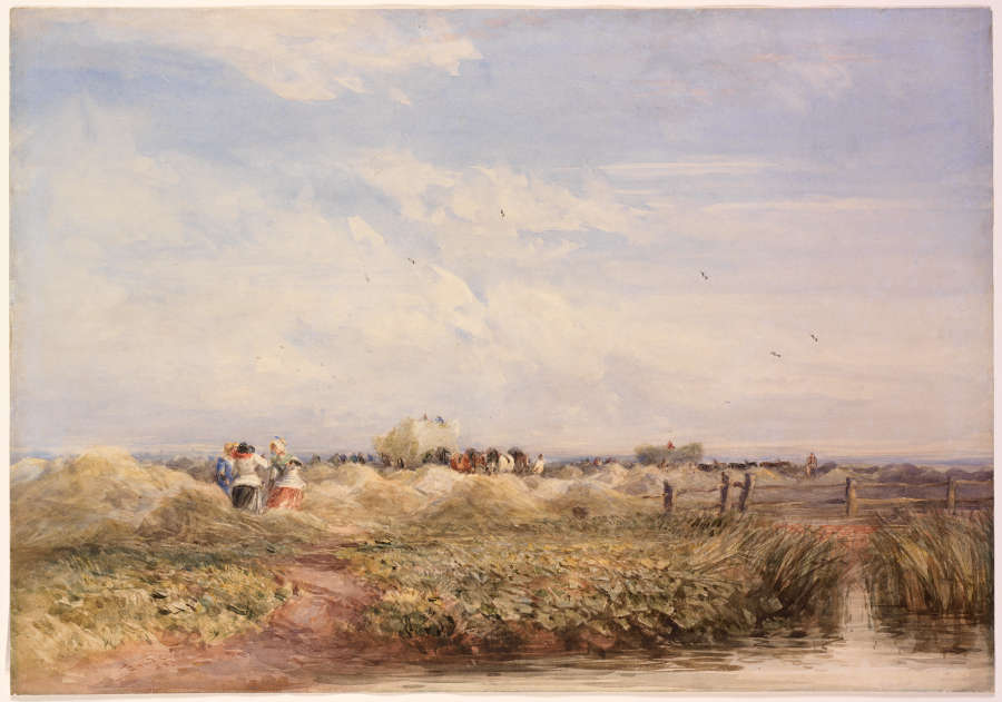 A loosely brushed watercolor landscape painting of a breezy green field of hay and a cloudy but bright blue sky. In the midground, peasants and horses work the hayfields.