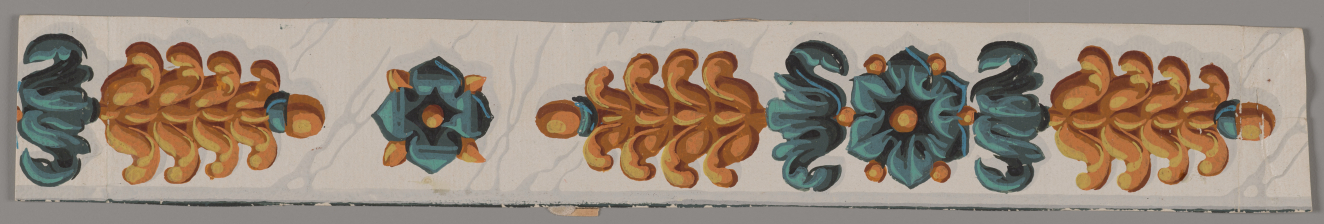 Alternating gold pine cone-like shapes and teal floral motifs set against a light beige background.
