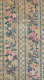 Panel of vintage fabric wallpaper featuring vertically aligned, faded pink and blue garlands alongside patterned columns of small floral motifs. The design is set on a mottled beige background.