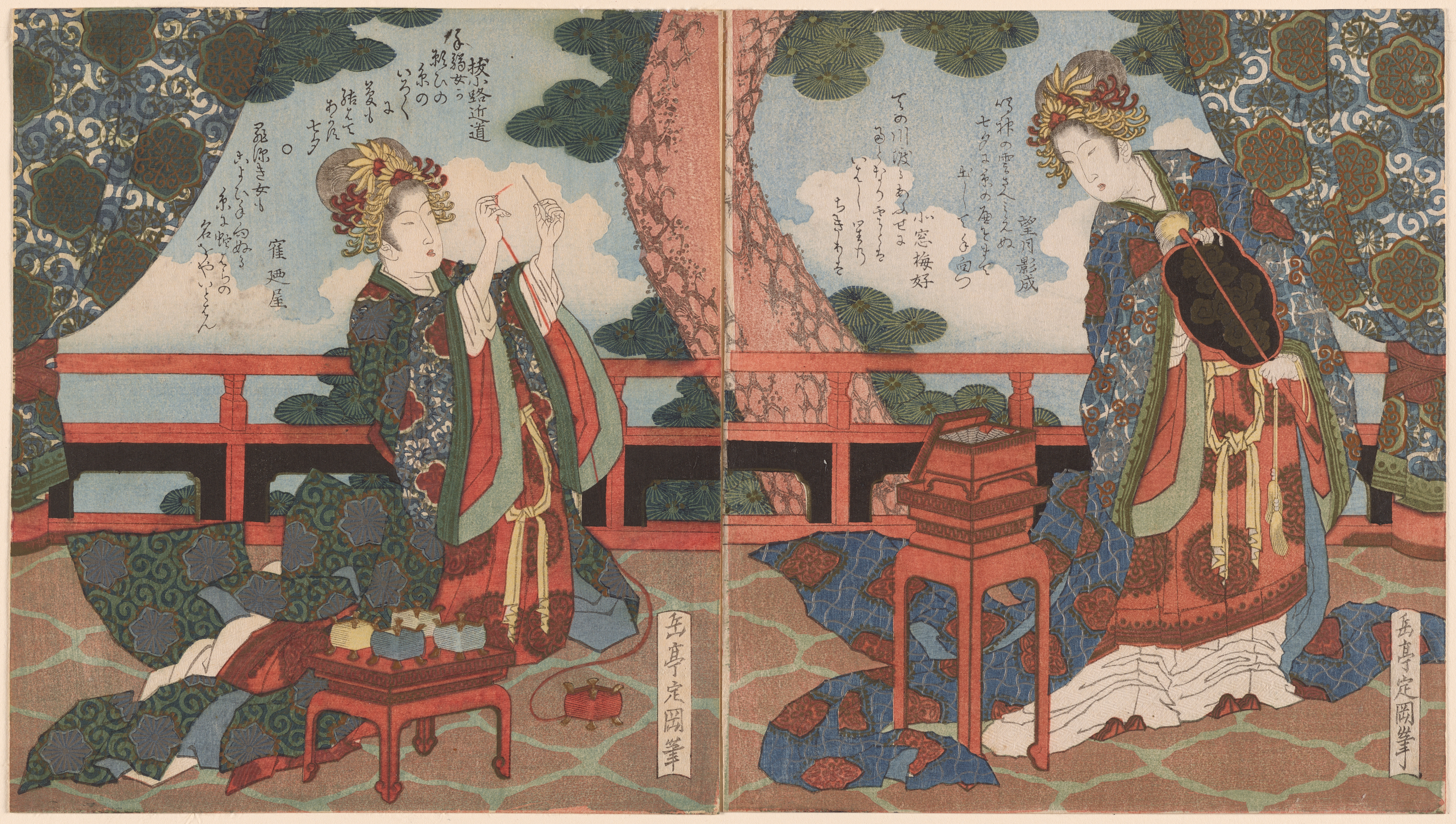 Two-paneled illustration of figures in patterned robes, one threads a needle while another peers into a box, framed by clouds and curtains.