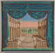 A wallpaper panel depicting a palatial courtyard framed by ornate blue and green drapery with stone archways, columns, and two lion statues flanking a cobblestone path.