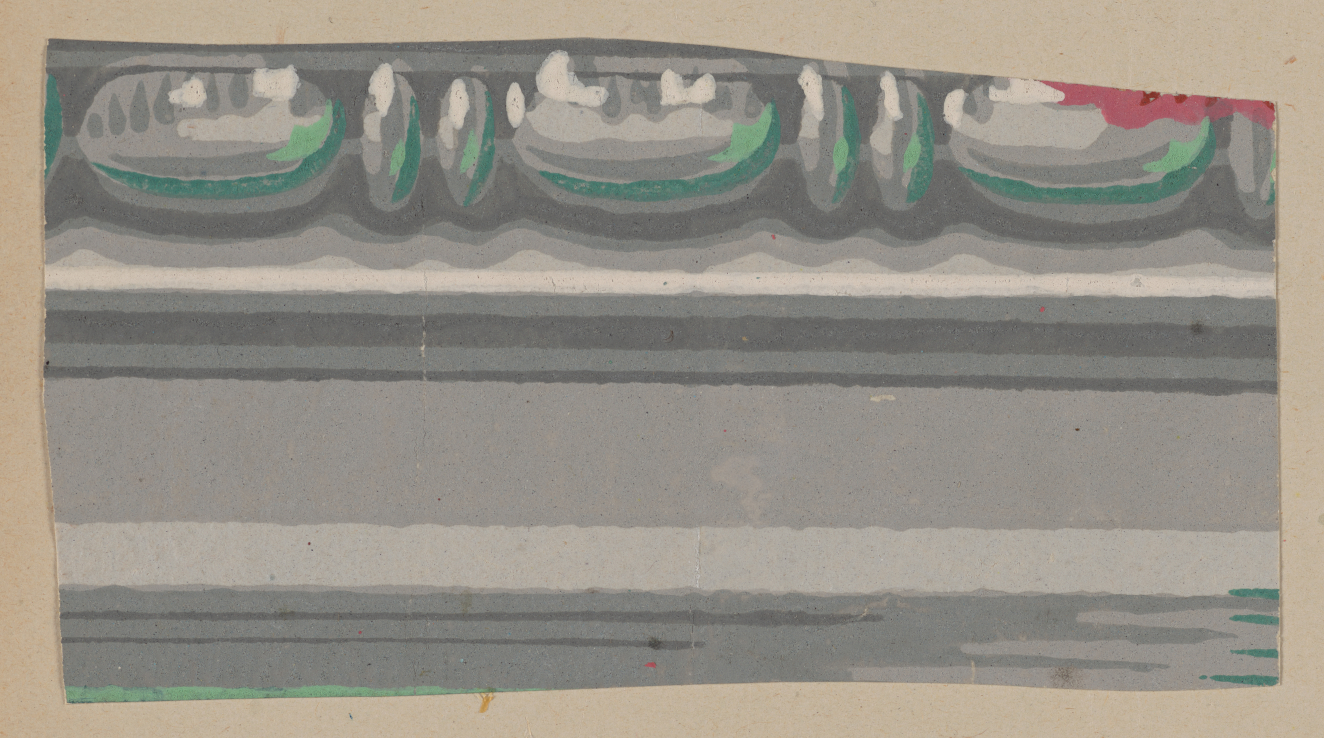 Decorative gray border on a neutral background featuring a row of glassy rounded shapes with green accents above horizontal gray stripes with layered shading.