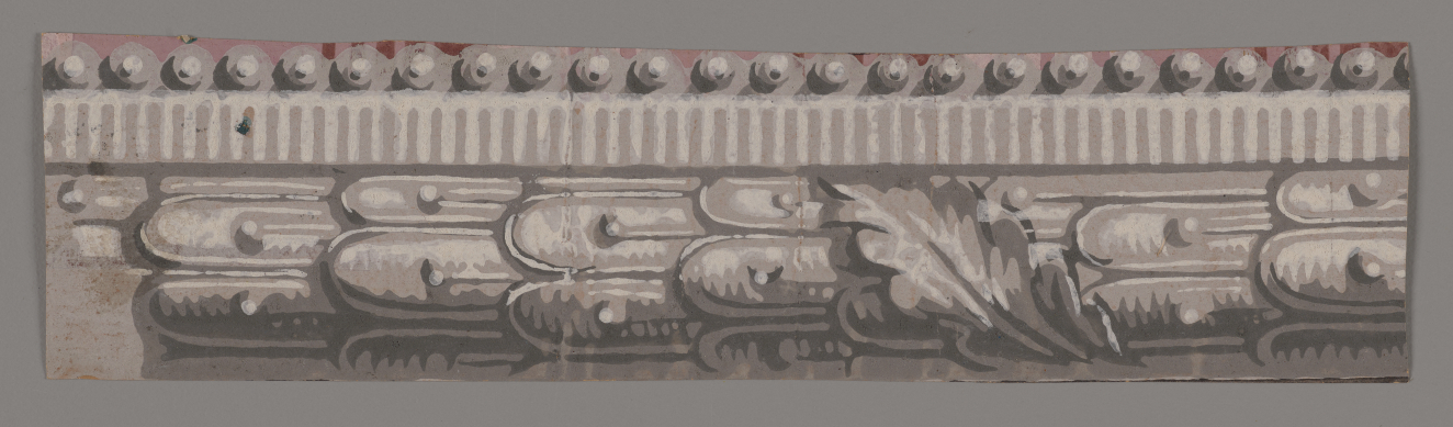 Decorative border on a gray background. With a beaded row above overlapping rounded rectangular shapes that have a prominent central leaf motif in layered shades of gray.