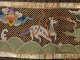 A mythical deer-like creature, with purple spots and orange strands extending out, prancing among rippling green waves beneath multicolored, swirling clouds, set against a gold mesh background.