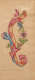 Tan paper with unreadable handwritten cursive text below a curved, blue, red, and yellow layered line which is overlapped by a medium green vine with green and pink flowers.