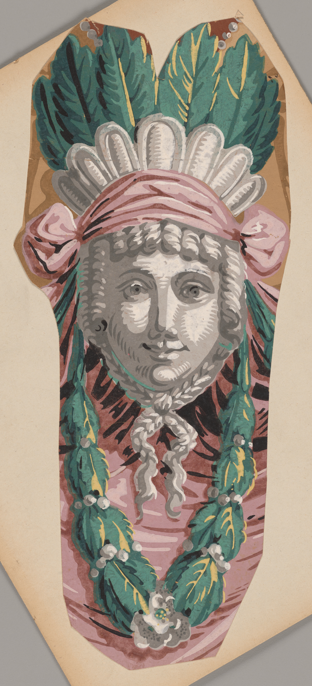Decorative design depicting a stylized face in shades of gray wearing a headdress with green leaves tied up with a pink ribbon and a necklace made of green leaf bundles.