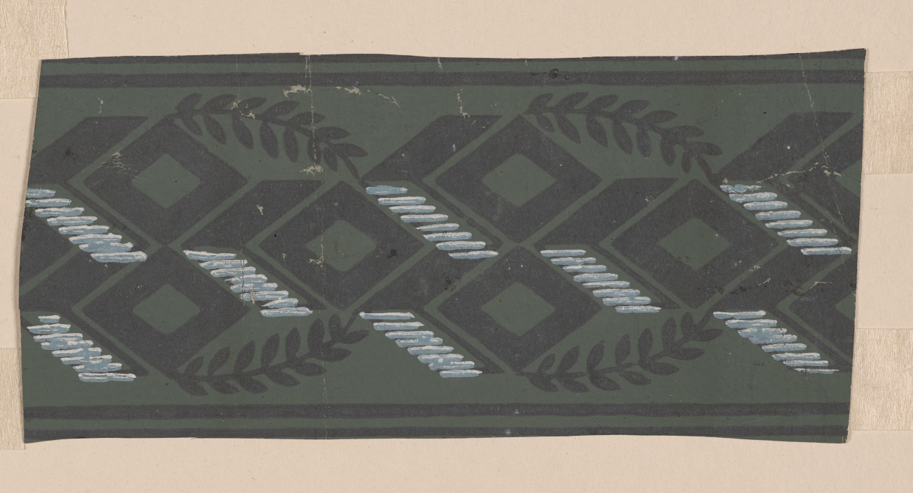 Horizontal strip on a neutral backdrop featuring a subtle dark gray pattern of diamonds and leafy stems which alternate with diagonal white accents on a gray background.