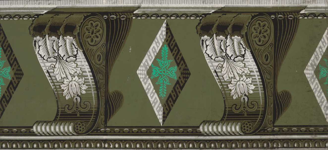 Neoclassical frieze pattern featuring stylized carved structures decorated with acanthus leaves interspersed with geometric diamonds on an olive background. The objects give off the illusion that they’re 3D.