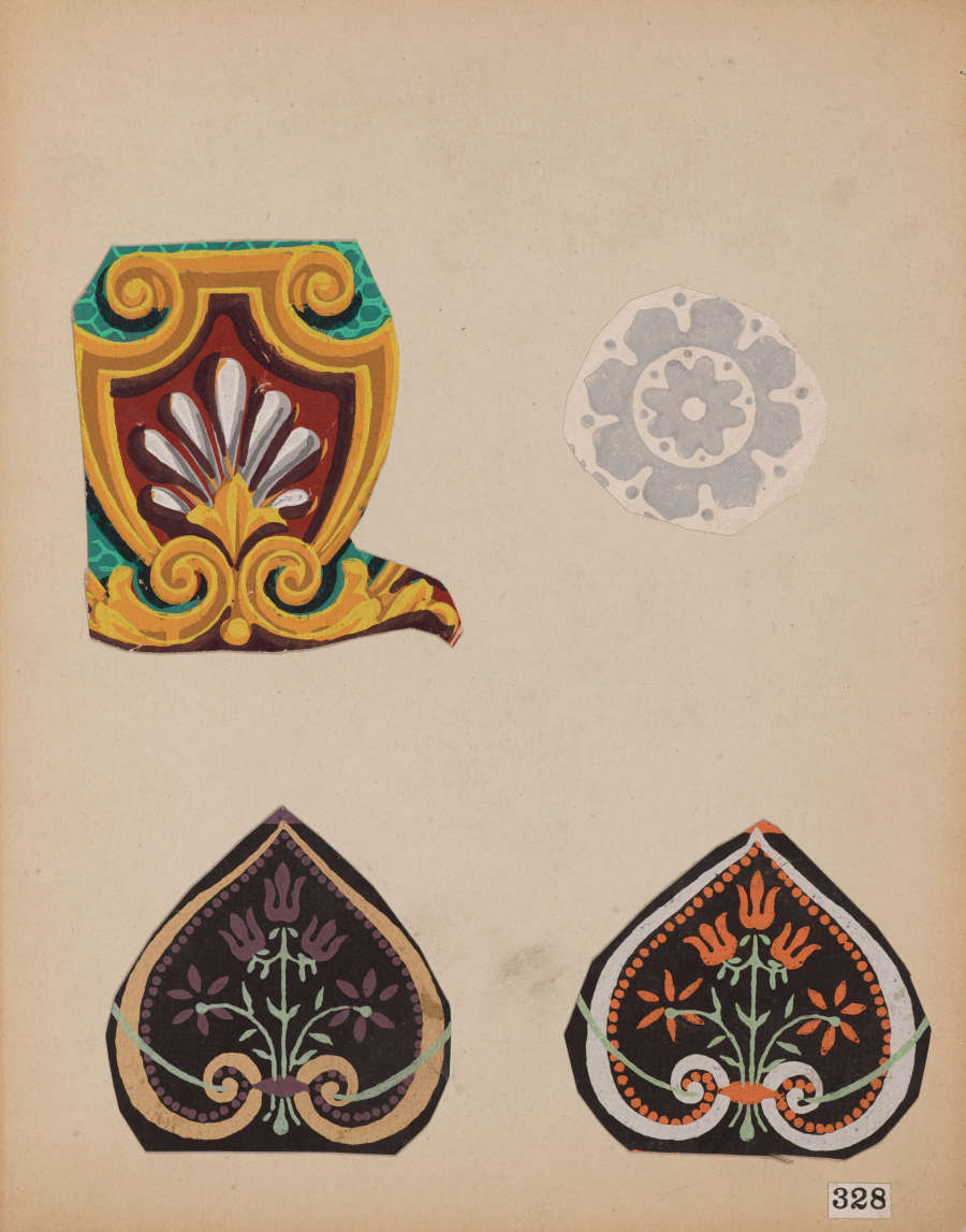 Four decorative motifs: a colorful shield with scrolls, a circular gray floral medallion, and two ornate teardrop patterns with purple and orange flowers surrounded by intricate detailing.