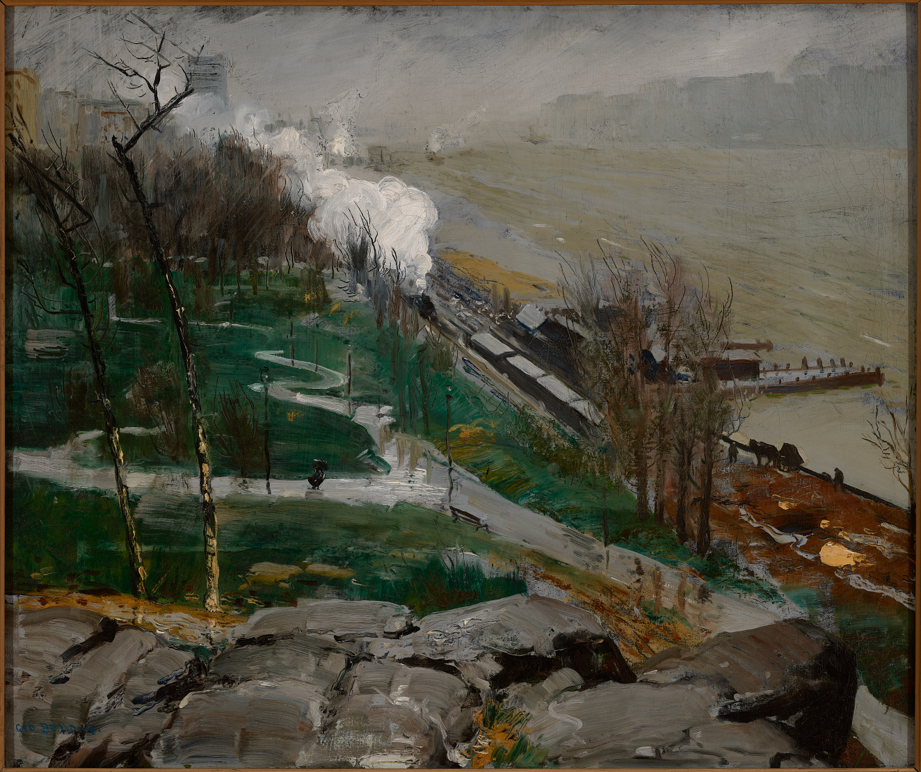 Misty, overcast scene with a steam train trailing white smoke as it passes between a damp green parkland with a winding footpath and a clouded, turbulent river.