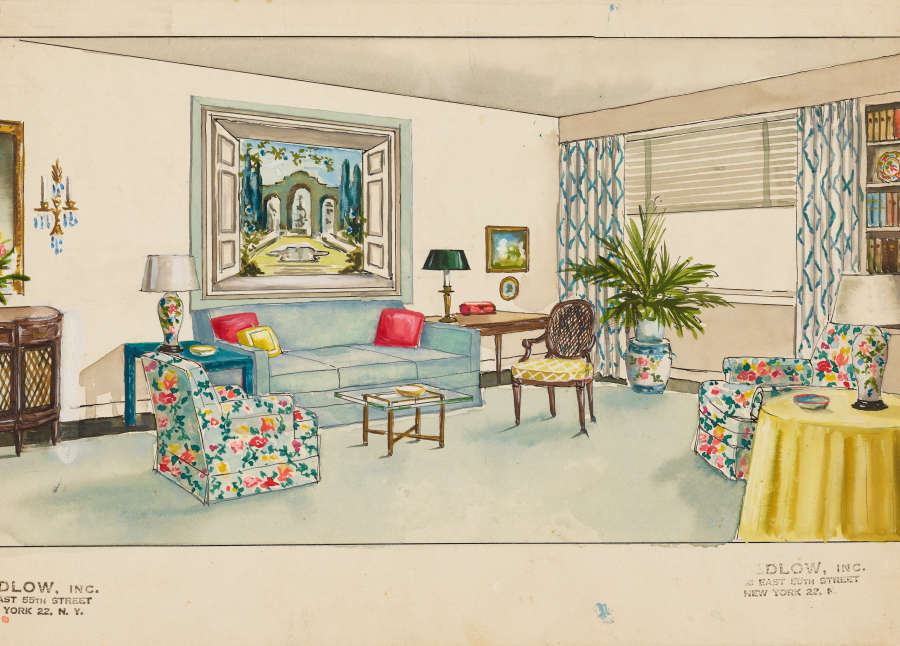 Colored-pencil drawing of an interior with a pale blue sofa, two floral upholstered chairs, and other furniture. A window with roman blinds and blue and white drapes is at right.
