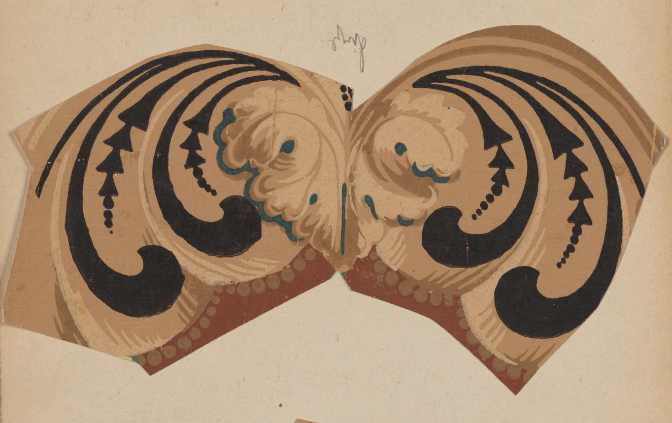 Intricately shaded decorative design in shades of gold featuring a central leaf motif flanked by symmetrical black curved lines and geometric embellishments on a light background.