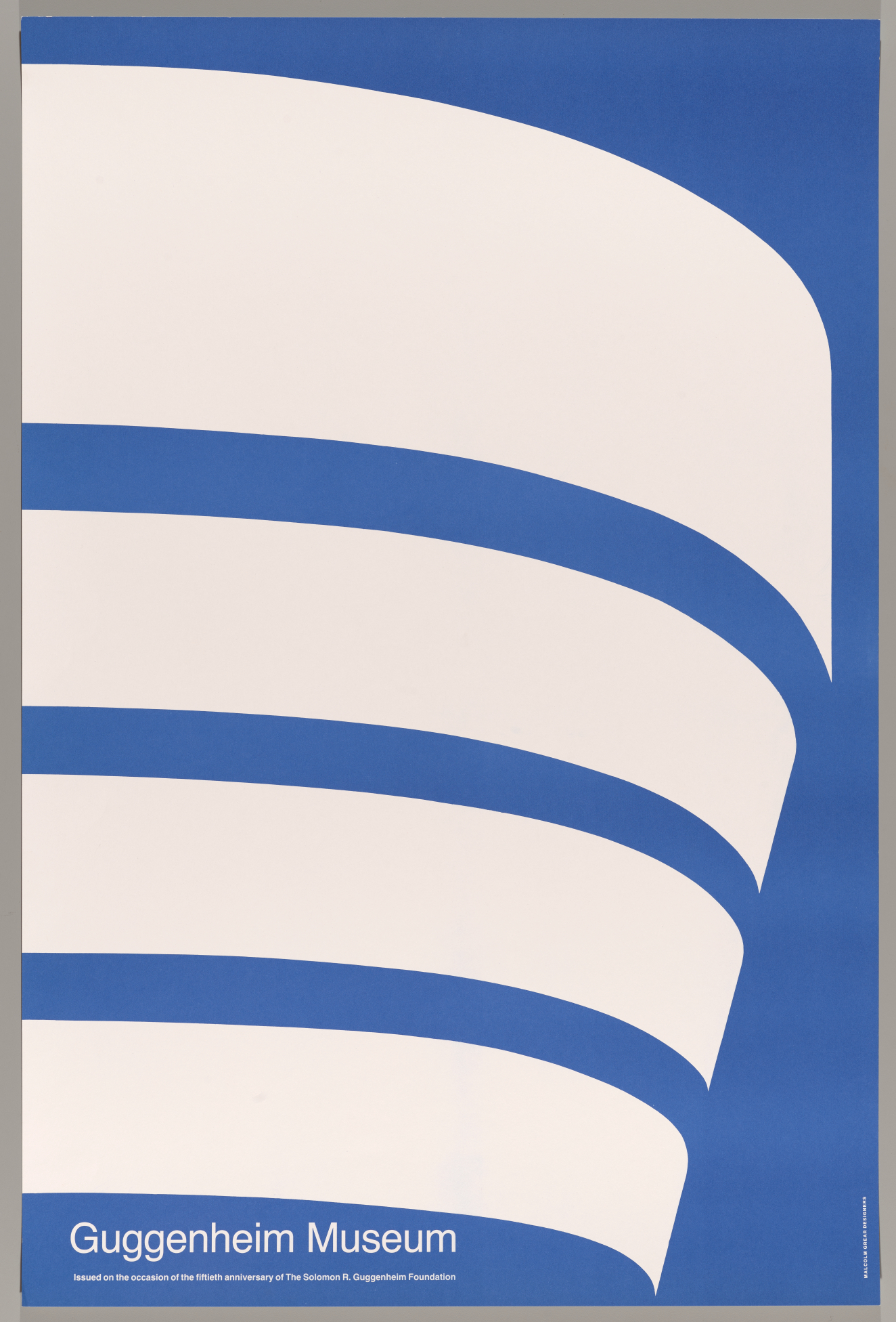 A graphic of stacked white curves set against a blue background, representing the Guggenheim Museum’s architecture, with white text at the bottom: “Guggenheim Museum.”