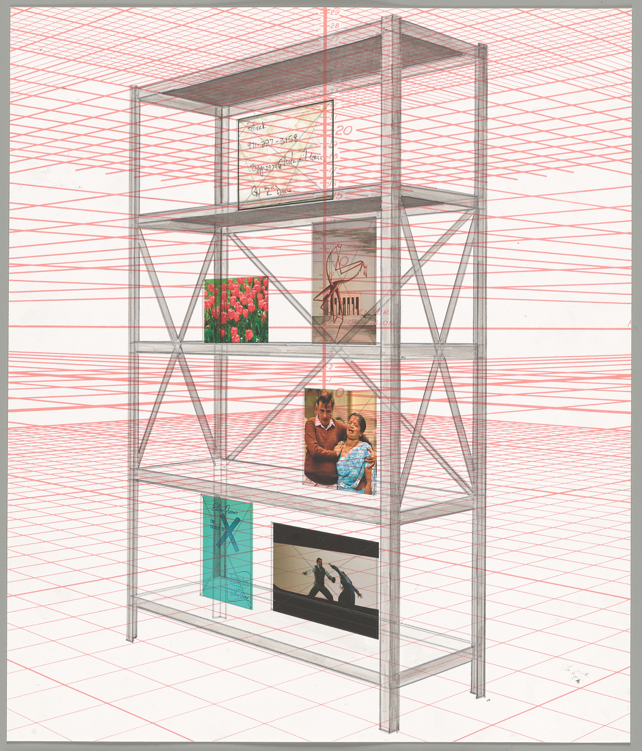 A wireframe bookshelf sketched in a red grid perspective space, holding various images including pink flowers, a couple, a book cover, and a scene of two people fighting. 
