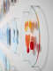 Side view of wall-mounted circular glass discs, with the nearest plate holding dabs of yellow, orange, and red paint. Additional discs recede in soft focus along the wall.