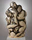 Ceramic sculpture of fair-skinned, nude figures in a tangled embrace of limbs and faces, outlined with stylized black lines and hatching accenting contours and faces.