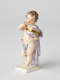 A sculptural putto figure holding a globe banded with gold. The putto has brown hair, red lips, and a light purple fabric draped across their body.