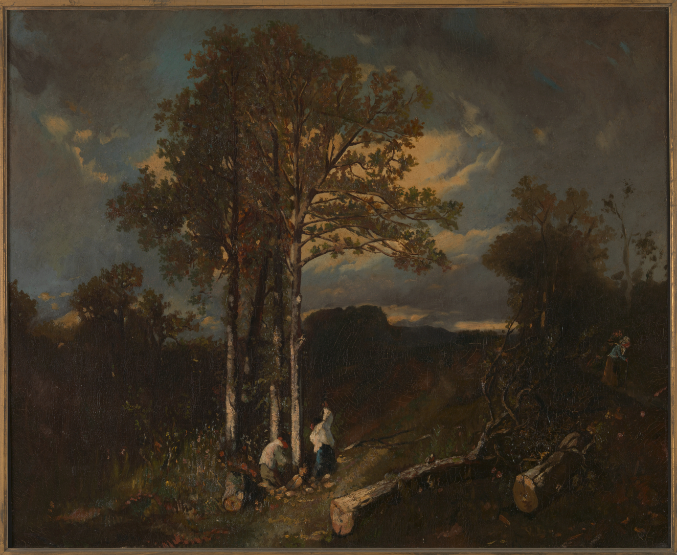 A painting of a forest clearing with a large, central golden-leafed tree, three figures gathering logs near a fallen tree, under a dramatic, cloudy sky. 