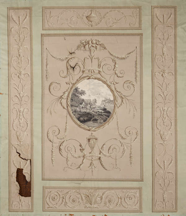 Various-sized dusty-pink rectangular panels with raised white decorative scrolls against a white wall. The center panel contains a black and white painting of a countryside within a circular frame.