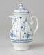 A white chocolate pot with delicate blue decorations with ribbed body, spout, handle, and foot.