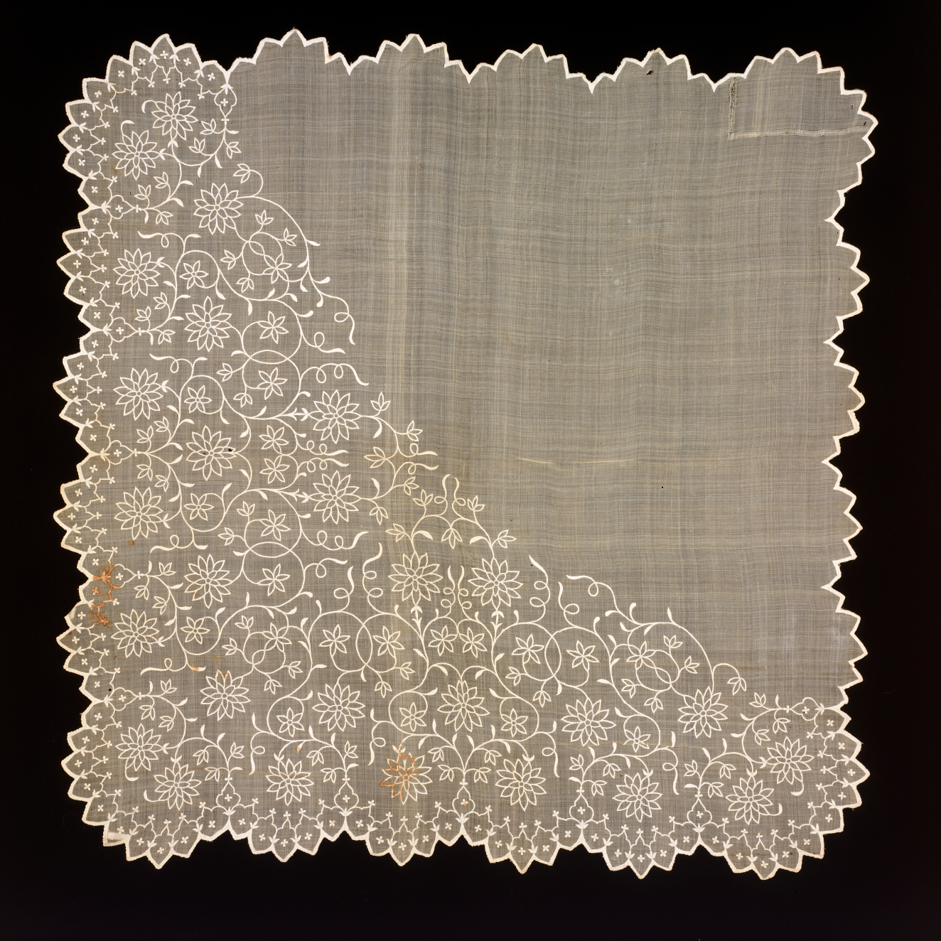 Square of transparent white fabric on a black background with a scalloped border. Features intricate floral embroidery forms a diagonal curve from the bottom right to the top left.