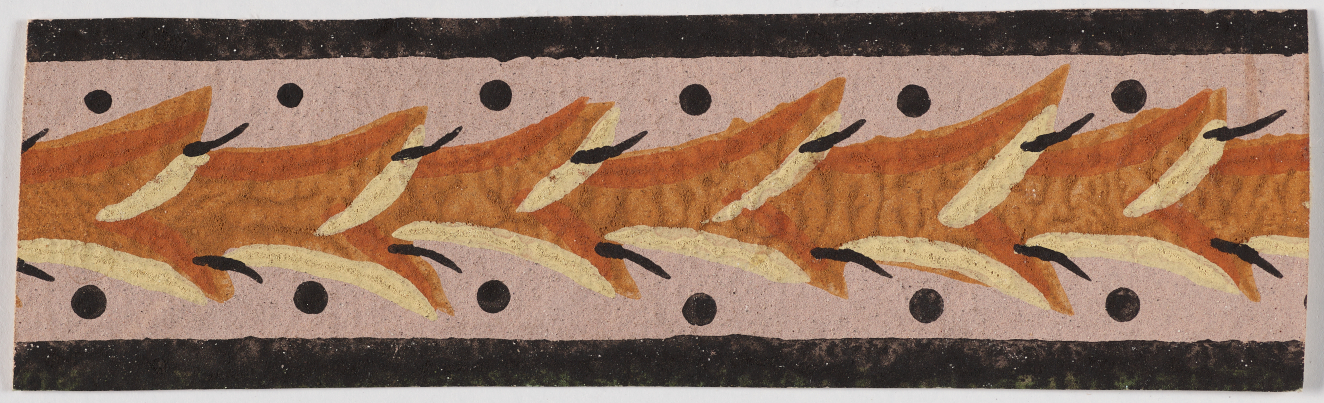 Decorative border with a central orange and tan leaf like shapes on a pink background. Above and below are rows of horizontal black dots and stripes.