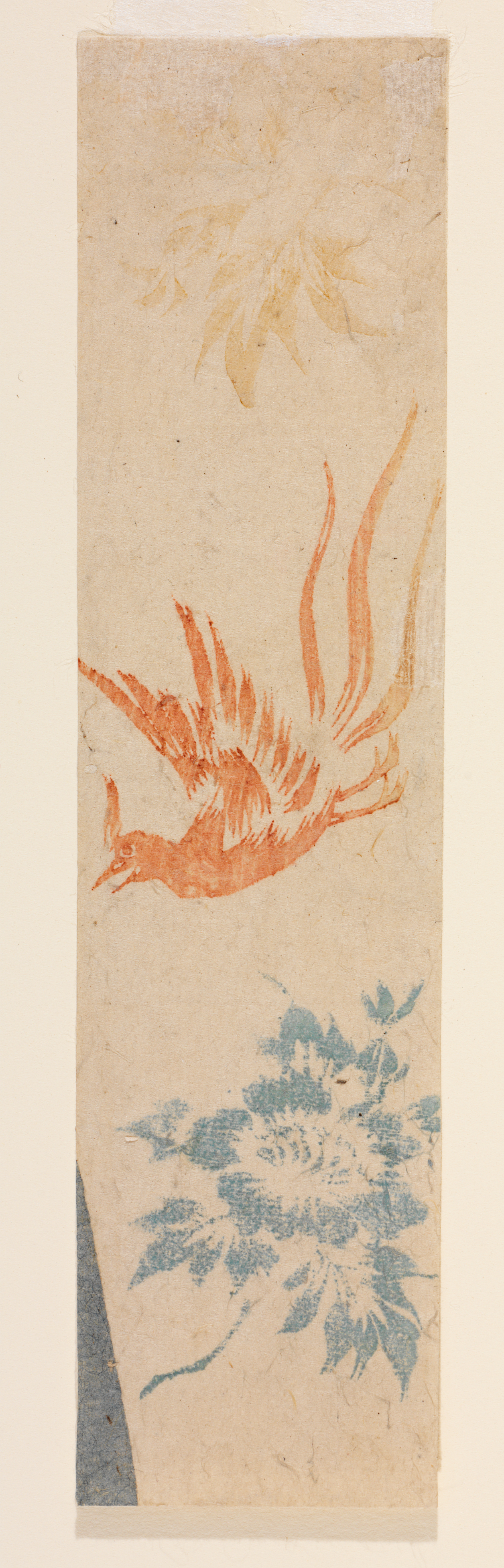 Narrow vertical composition depicting an orange bird mid-flight, sandwiched between yellow and blue flowers.