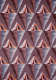 Brown wallpaper with alternate facing triangles repeated horizontally and vertically throughout. The upwards triangle is made of orange and blue blotchy lines  and downwards triangle out of jagged horizontal lines