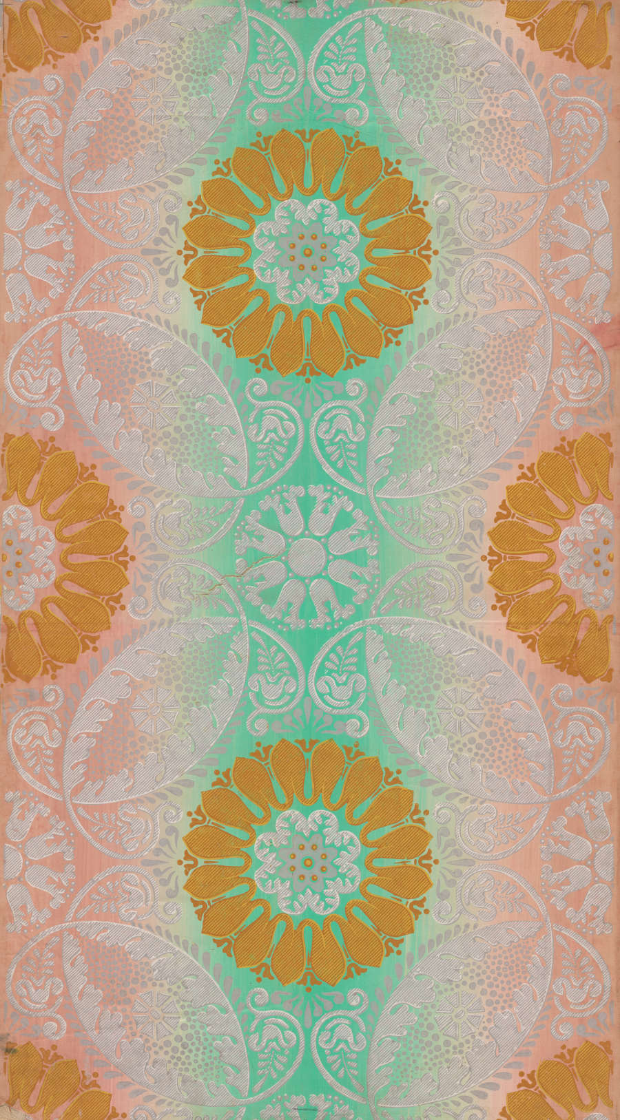 Symmetrical orange medallions reminiscent of mandalas arranged in a diagonal grid atop a psychedelic gradient of mint green and peach.